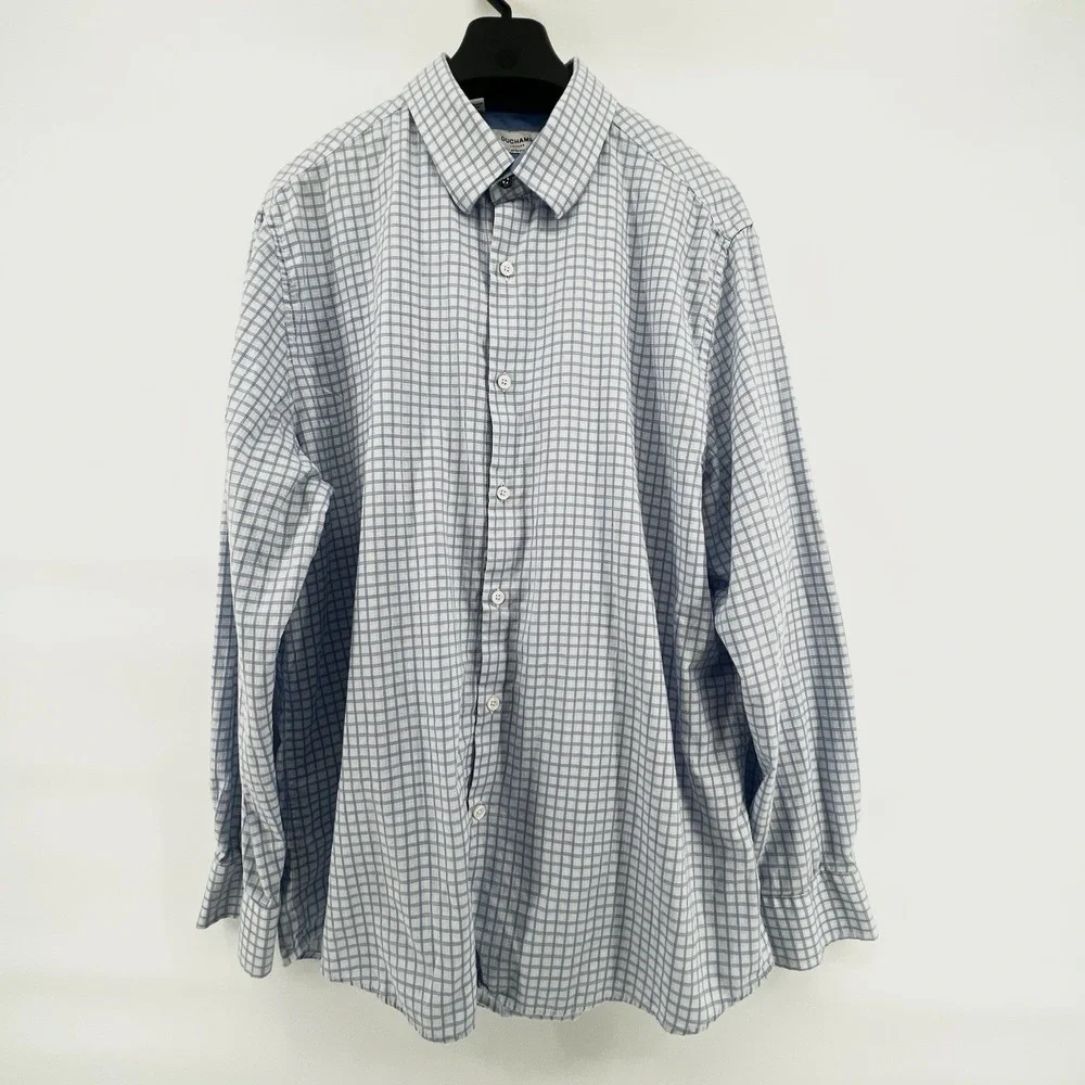 Duchamp London Men's Dress Shirt 18 XXL 46 Blue White Check Slim‎ Fit Stretch